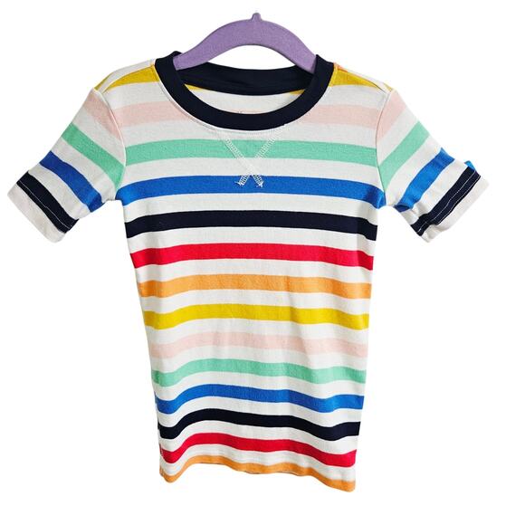 Primary Kids Size 6-7 Rainbow Stripe Ringer Tee Shirt 100% Organic Cotton Basic - Picture 1 of 3